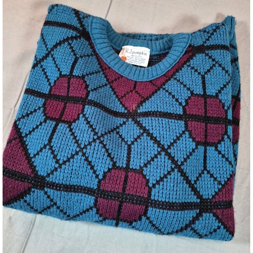 Vtg 80s R J Pumpkin Sweater Womens Size M(?) Turquoise/Magenta Geometric Pattern